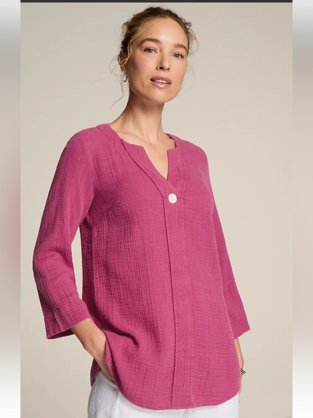 Pure J Jill Magenta Split-Neck One Button Organic Cotton Tunic Top SZ M